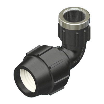 Codo a 90 grados con rosca hembra y anillo de refuerzo metálico de compresión Plasson serie 071506 en polipropileno negro para tuberías PE