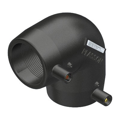 Codo a 90 grados de electrofusión Plasson serie 490504 en polietileno negro con terminales conectores y etiqueta de código de barras para tuberías PE
